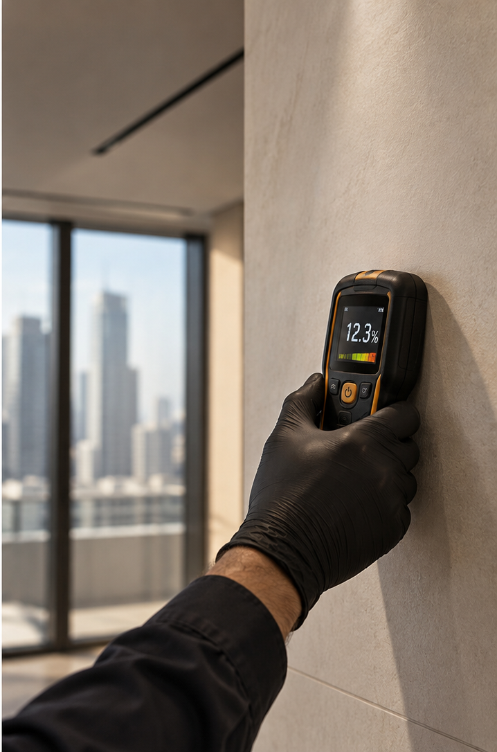 D.M.I property inspection examining visible moisture and finishing details
